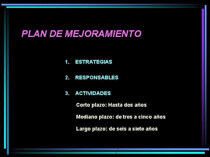 PLAN DE MEJORAMIENTO 1. ESTRATEGIAS 2. RESPONSABLES 3. ACTIVIDADES Corto plazo: Hasta dos años