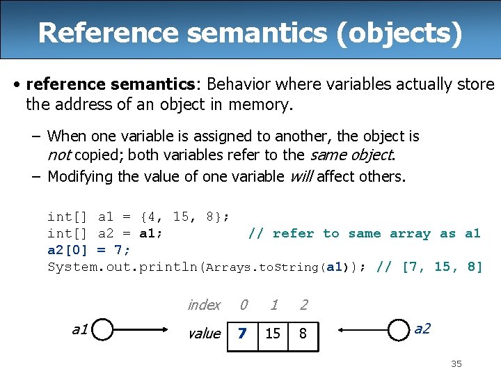 Reference semantics (objects) • reference semantics: Behavior where variables actually store the address of