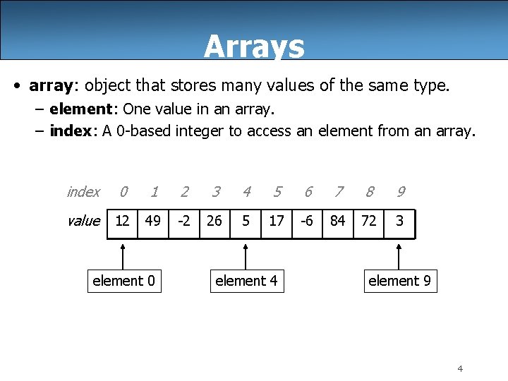 Arrays • array: object that stores many values of the same type. – element: