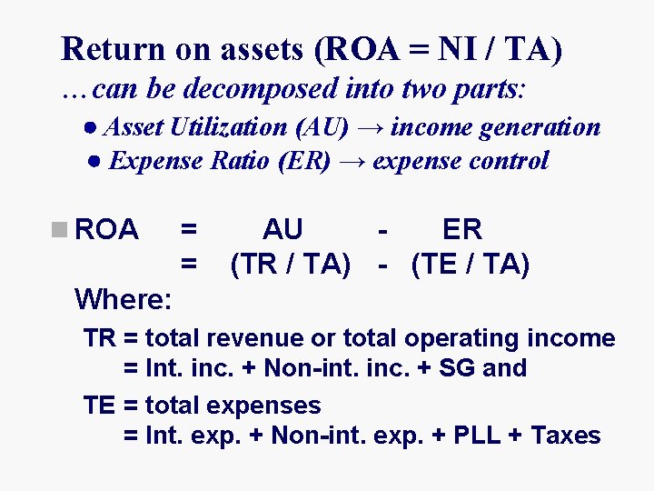 Return on assets (ROA = NI / TA) …can be decomposed into two parts: