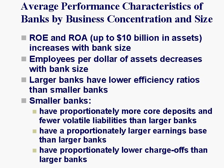 Average Performance Characteristics of Banks by Business Concentration and Size n ROE and ROA