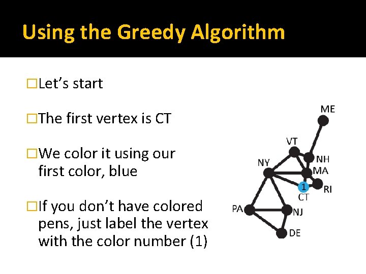 Using the Greedy Algorithm �Let’s start �The first vertex is CT �We color it