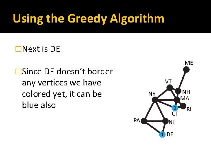 Using the Greedy Algorithm �Next is DE �Since DE doesn’t border any vertices we