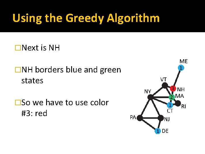Using the Greedy Algorithm �Next is NH �NH borders blue and green states �So