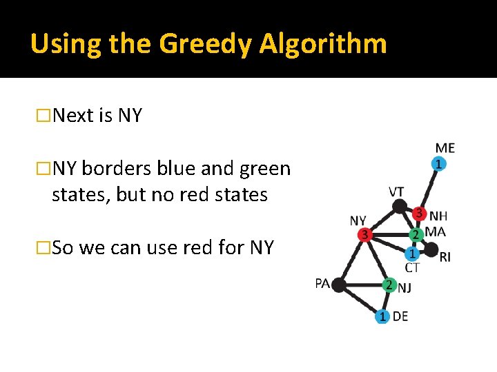 Using the Greedy Algorithm �Next is NY �NY borders blue and green states, but