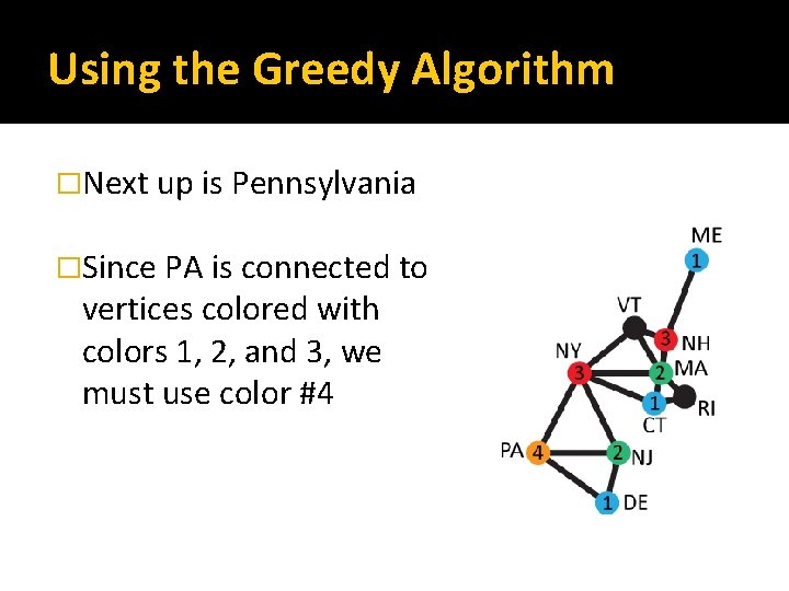 Using the Greedy Algorithm �Next up is Pennsylvania �Since PA is connected to vertices