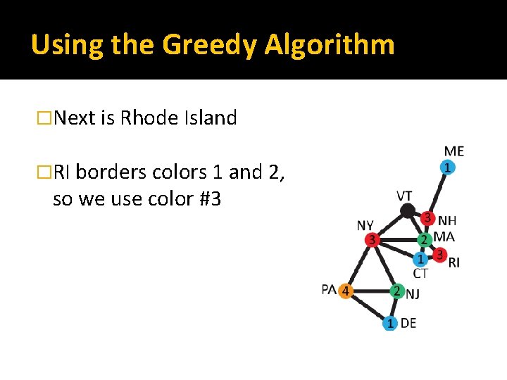 Using the Greedy Algorithm �Next is Rhode Island �RI borders colors 1 and 2,