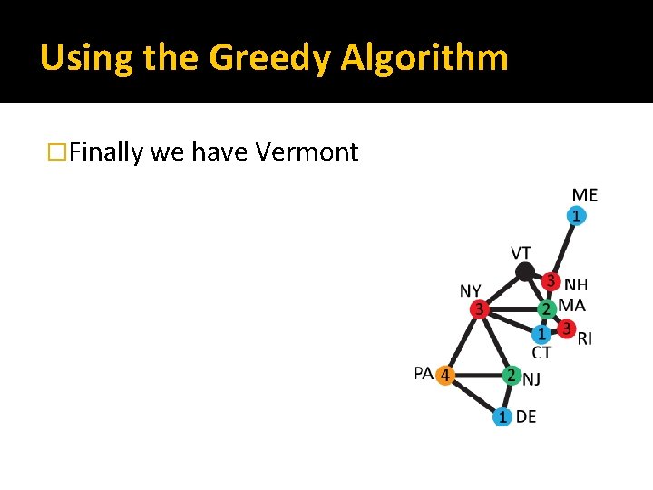 Using the Greedy Algorithm �Finally we have Vermont 