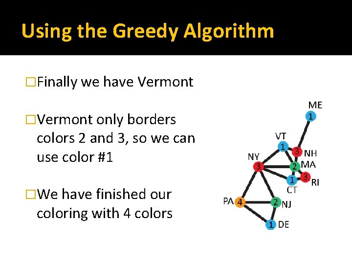 Using the Greedy Algorithm �Finally we have Vermont �Vermont only borders colors 2 and