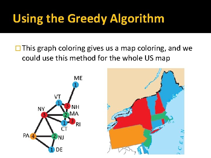 Using the Greedy Algorithm � This graph coloring gives us a map coloring, and
