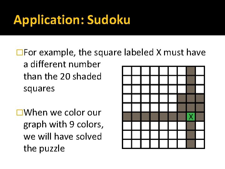 Application: Sudoku �For example, the square labeled X must have a different number than