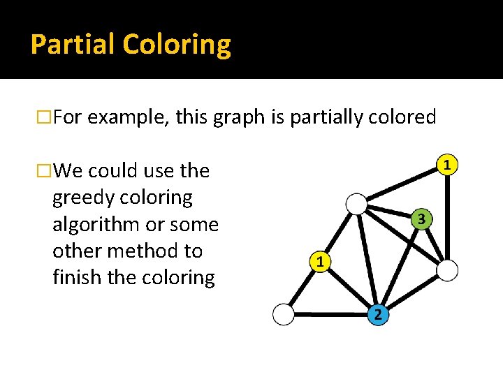 Partial Coloring �For example, this graph is partially colored �We could use the greedy
