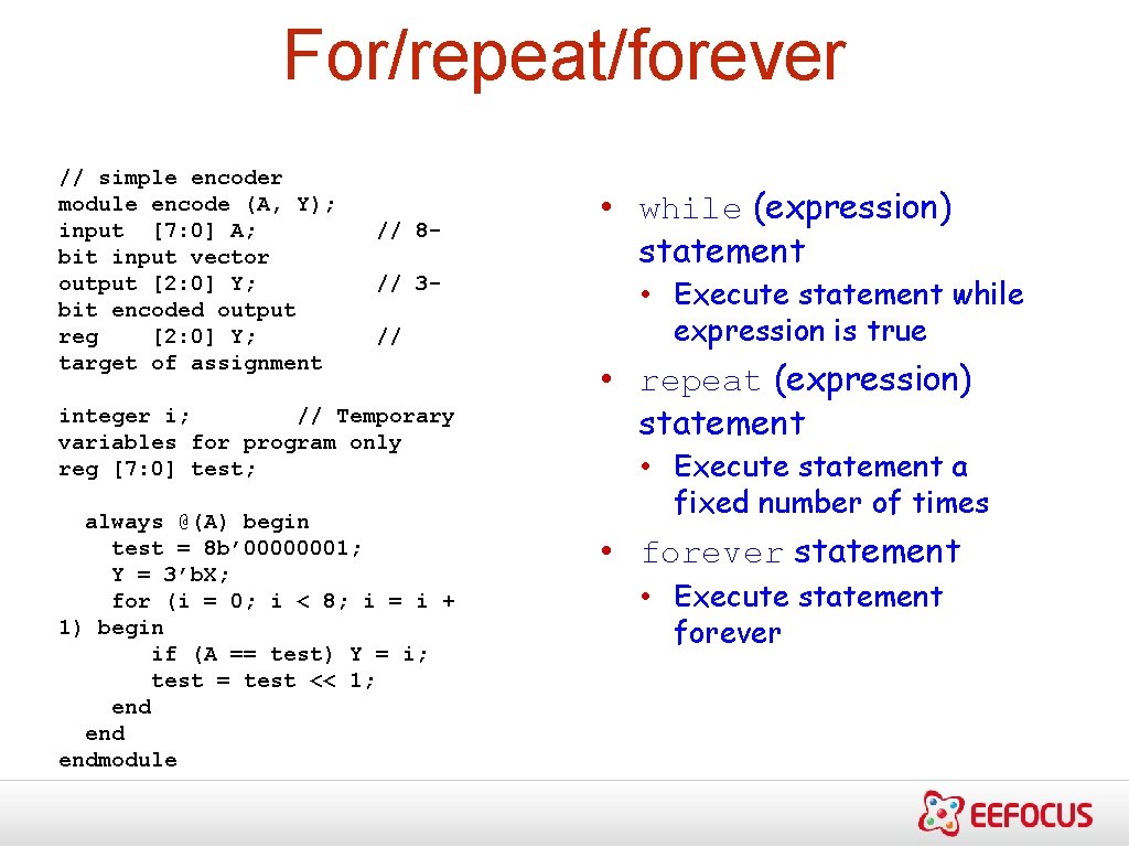 For/repeat/forever // simple encoder module encode (A, Y); input [7: 0] A; bit input