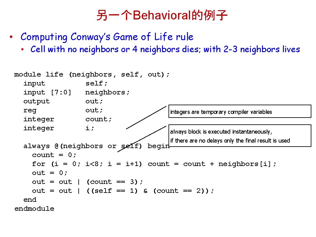 另一个Behavioral的例子 • Computing Conway’s Game of Life rule • Cell with no neighbors or