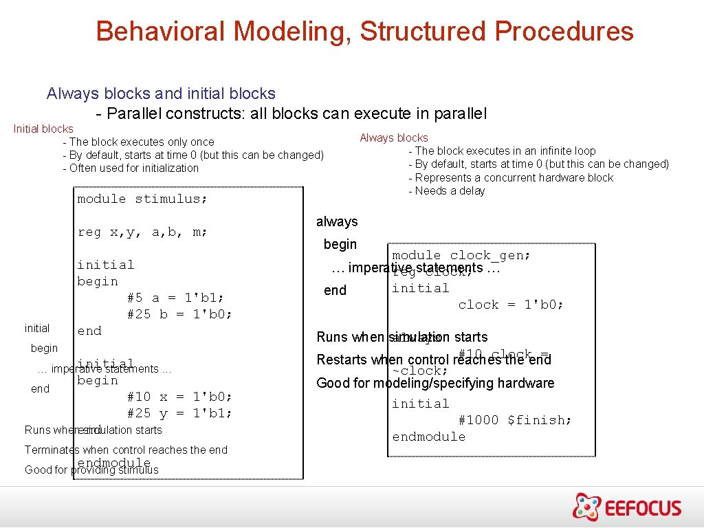 Behavioral Modeling, Structured Procedures Always blocks and initial blocks - Parallel constructs: all blocks