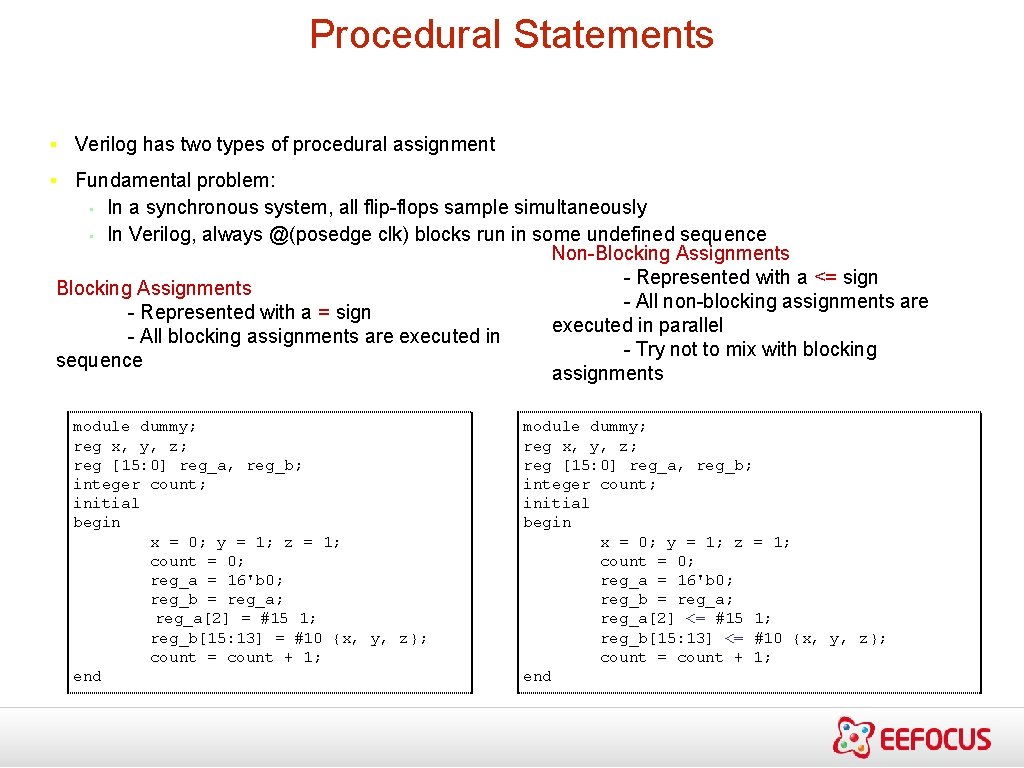 Procedural Statements ▪ Verilog has two types of procedural assignment ▪ Fundamental problem: •