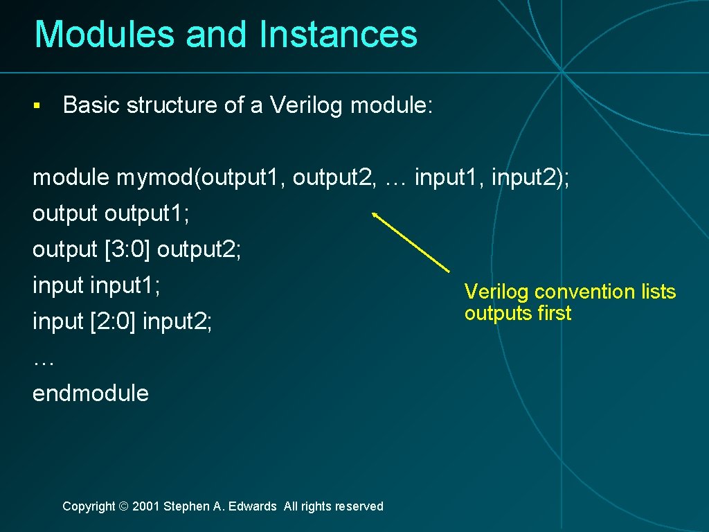 Modules and Instances ▪ Basic structure of a Verilog module: module mymod(output 1, output