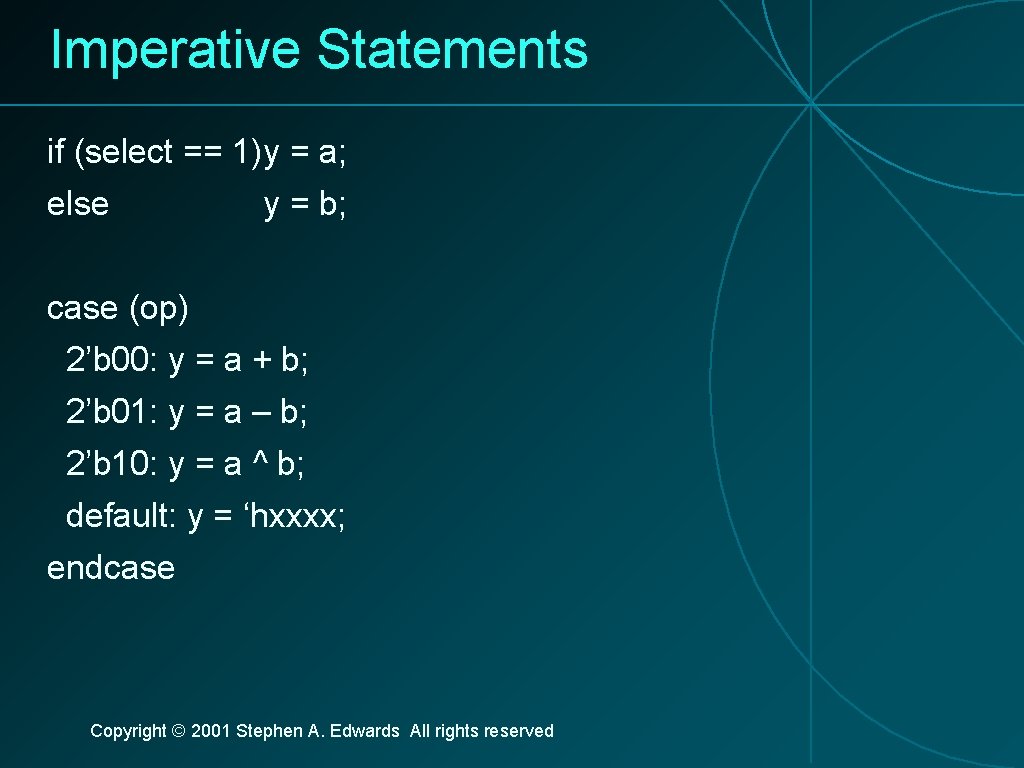 Imperative Statements if (select == 1)y = a; else y = b; case (op)