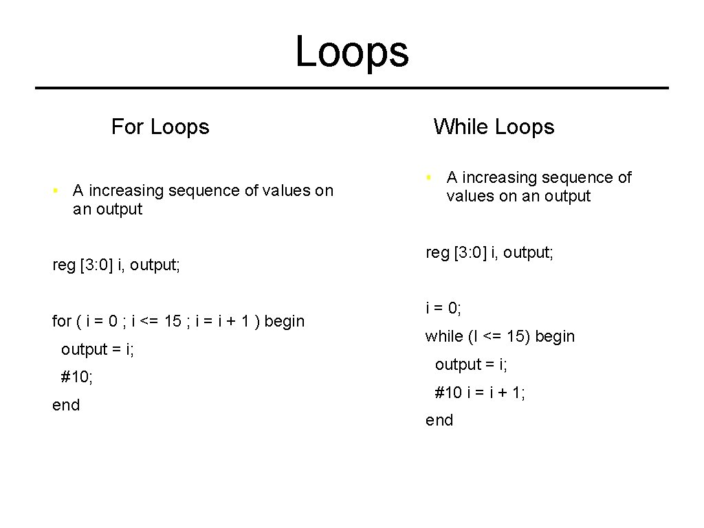 Loops For Loops ▪ A increasing sequence of values on an output reg [3: