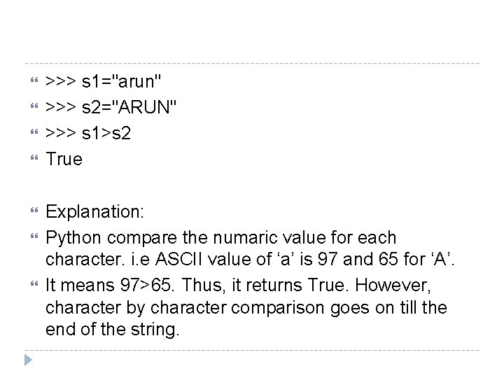  >>> s 1="arun" >>> s 2="ARUN" >>> s 1>s 2 True Explanation: Python