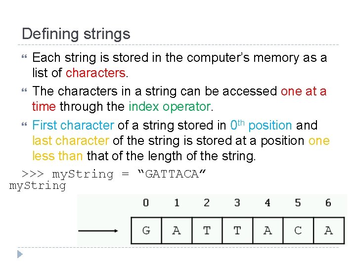 Defining strings Each string is stored in the computer’s memory as a list of