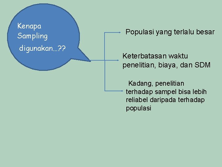 Kenapa Sampling digunakan…? ? Populasi yang terlalu besar Keterbatasan waktu penelitian, biaya, dan SDM