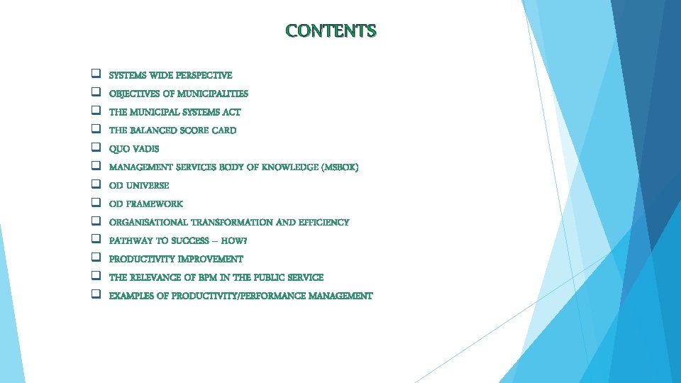 CONTENTS q q q q SYSTEMS WIDE PERSPECTIVE OBJECTIVES OF MUNICIPALITIES THE MUNICIPAL SYSTEMS