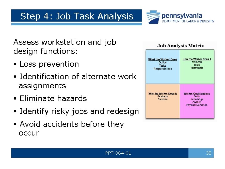 Step 4: Job Task Analysis Assess workstation and job design functions: § Loss prevention