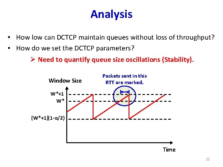 Analysis • How low can DCTCP maintain queues without loss of throughput? • How