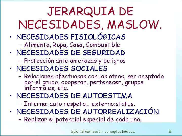 JERARQUIA DE NECESIDADES, MASLOW. • NECESIDADES FISIOLÓGICAS – Alimento, Ropa, Casa, Combustible • NECESIDADES