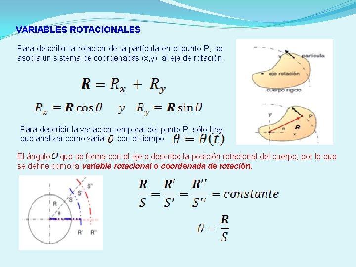 VARIABLES ROTACIONALES Para describir la rotación de la partícula en el punto P, se