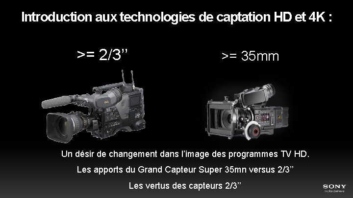 Introduction aux technologies de captation HD et 4 K : >= 2/3’’ >= 35