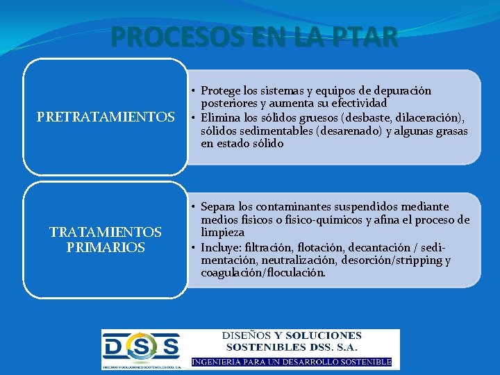 PROCESOS EN LA PTAR PRETRATAMIENTOS • Protege los sistemas y equipos de depuración posteriores