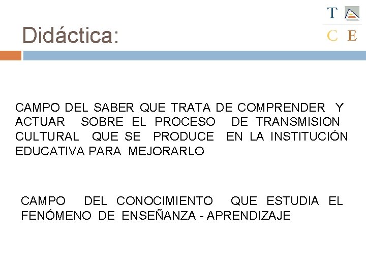 Didáctica: CAMPO DEL SABER QUE TRATA DE COMPRENDER Y ACTUAR SOBRE EL PROCESO DE