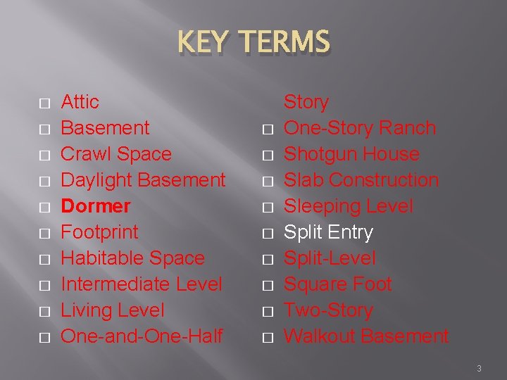 KEY TERMS � � � � � Attic Basement Crawl Space Daylight Basement Dormer