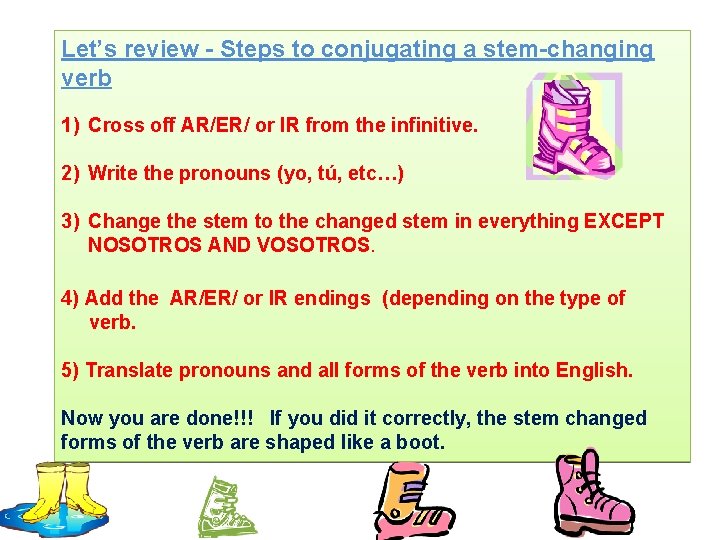 Let’s review - Steps to conjugating a stem-changing verb 1) Cross off AR/ER/ or