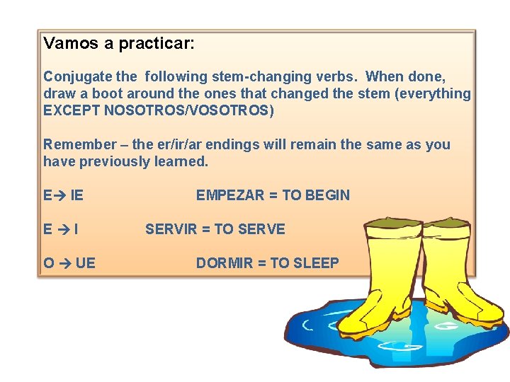 Vamos a practicar: Conjugate the following stem-changing verbs. When done, draw a boot around