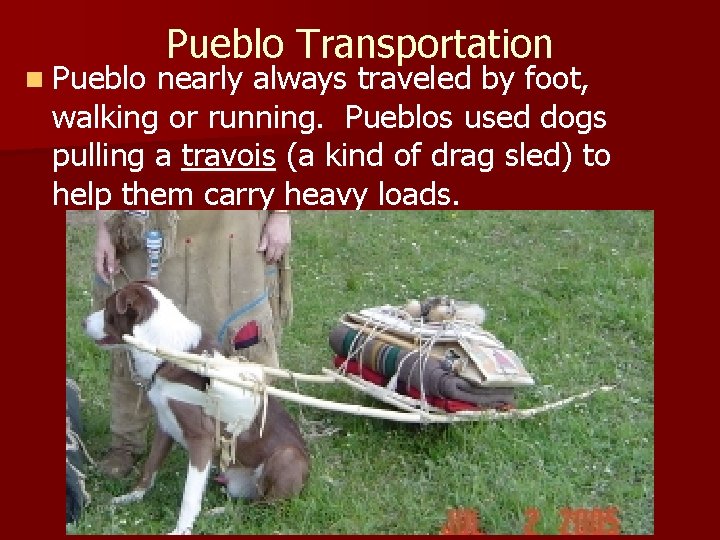 Pueblo Transportation n Pueblo nearly always traveled by foot, walking or running. Pueblos used