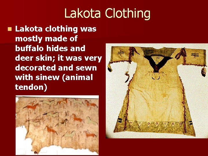 Lakota Clothing n Lakota clothing was mostly made of buffalo hides and deer skin;