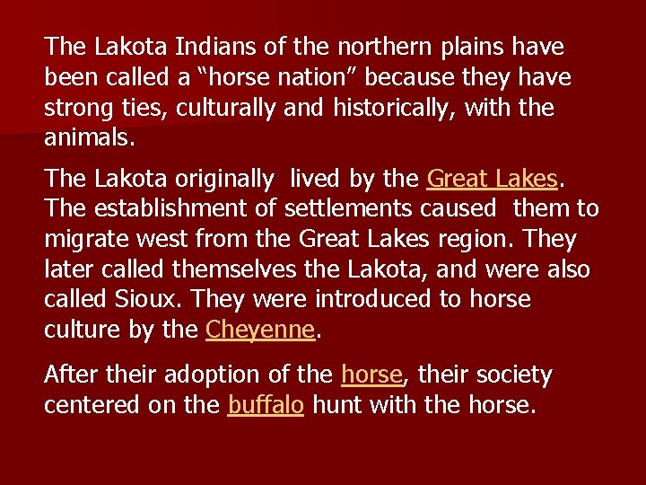 The Lakota Indians of the northern plains have been called a “horse nation” because