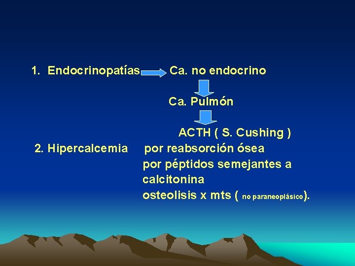 1. Endocrinopatías Ca. no endocrino Ca. Pulmón 2. Hipercalcemia ACTH ( S. Cushing )