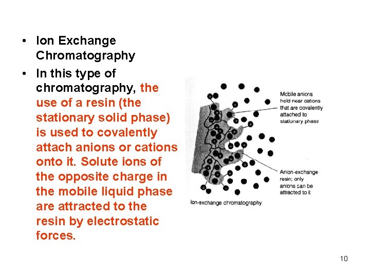  • Ion Exchange Chromatography • In this type of chromatography, the use of