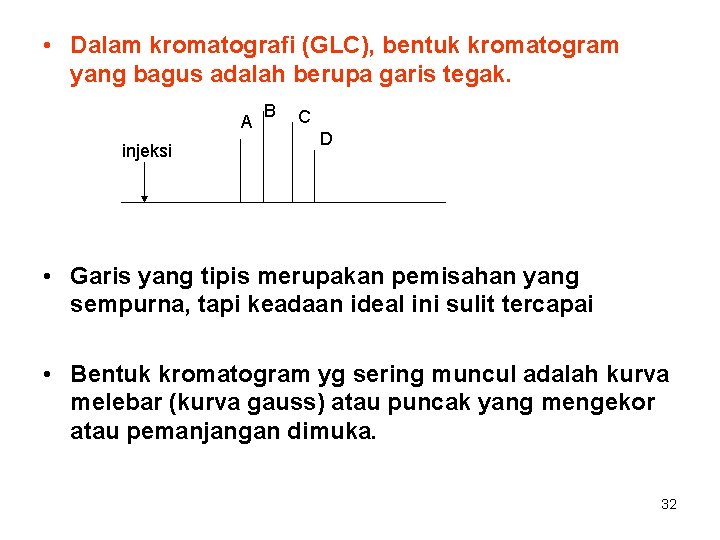  • Dalam kromatografi (GLC), bentuk kromatogram yang bagus adalah berupa garis tegak. A