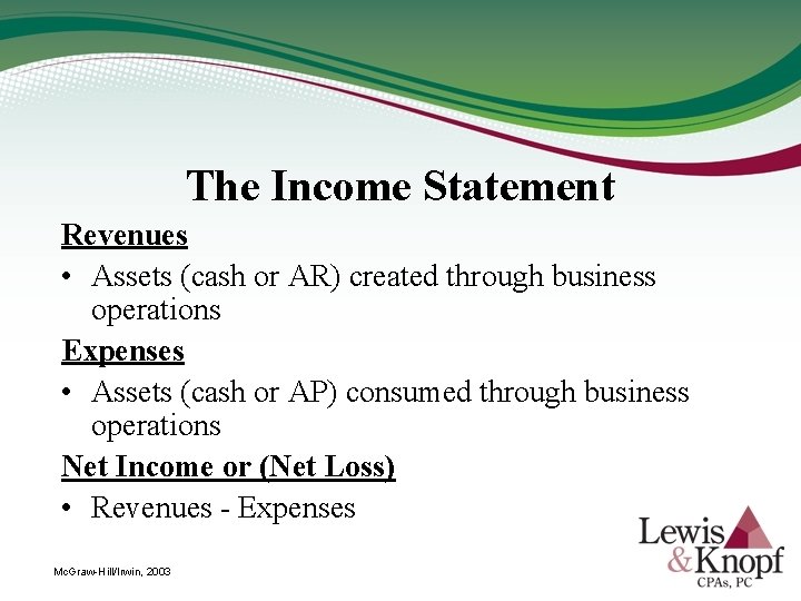 The Income Statement Revenues • Assets (cash or AR) created through business operations Expenses
