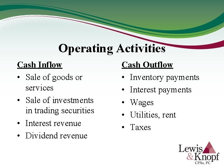 Operating Activities Cash Inflow • Sale of goods or services • Sale of investments