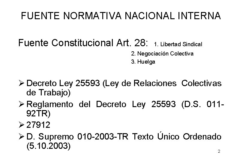 FUENTE NORMATIVA NACIONAL INTERNA Fuente Constitucional Art. 28: 1. Libertad Sindical 2. Negociación Colectiva