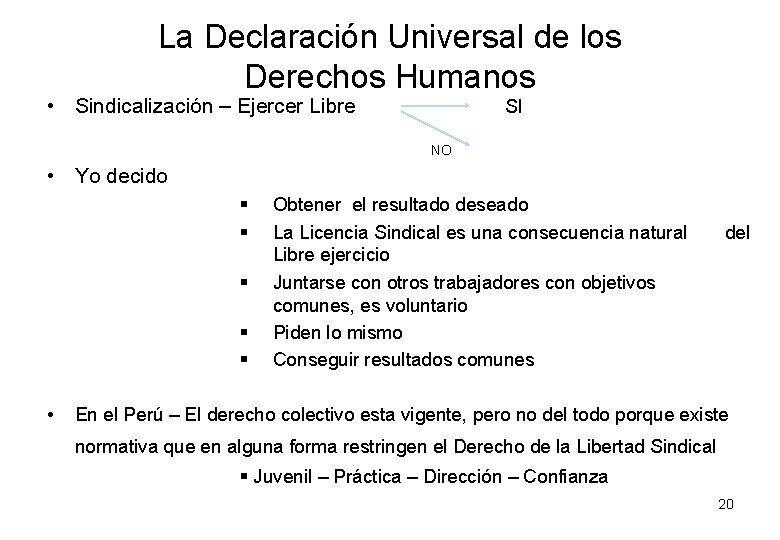 La Declaración Universal de los Derechos Humanos • Sindicalización – Ejercer Libre SI NO