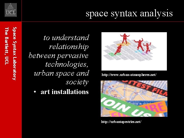 space syntax analysis Space Syntax Laboratory The Bartlett, UCL to understand relationship between pervasive