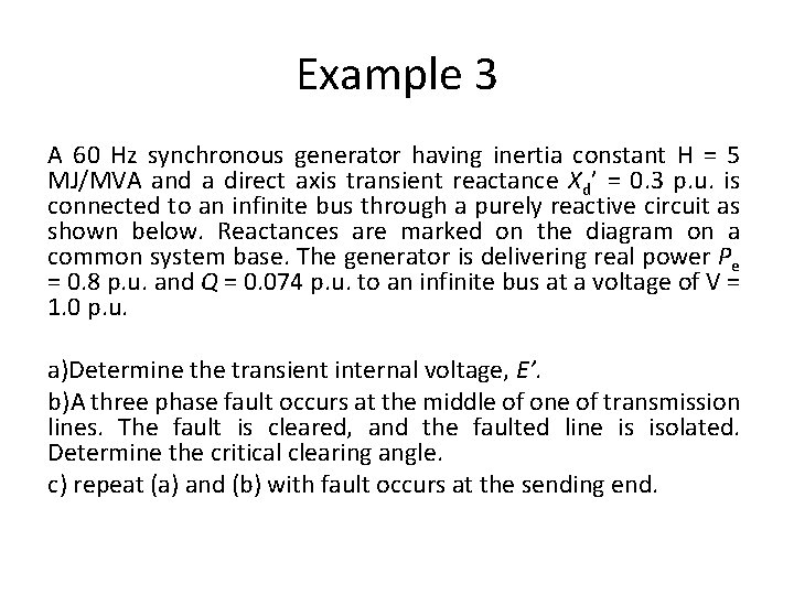 Example 3 A 60 Hz synchronous generator having inertia constant H = 5 MJ/MVA
