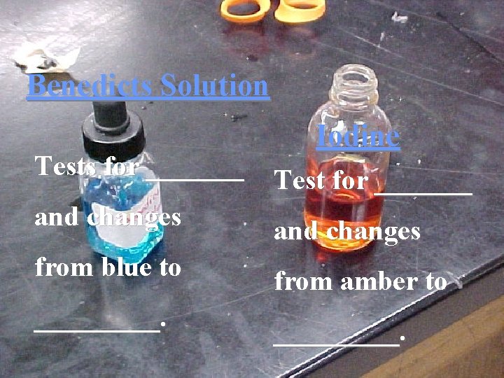 Benedicts Solution Tests for _______ and changes from blue to _____. Iodine Test for